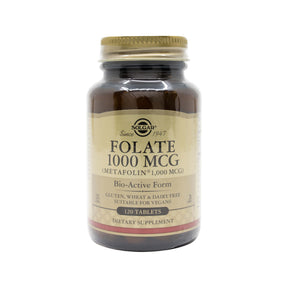 Solgar Folate Metafolin 1000 mcg 120 tablets amber glass bottle with gold cap and beige label