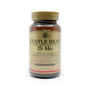 Solgar Gentle Iron 25 mg 180 capsules amber bottle with gold cap and beige label dietary supplement