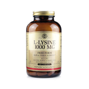 Solgar L-Lysine 1000 mg 250 tablets amber glass bottle with gold cap and beige label