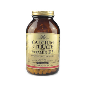 Solgar Calcium Citrate with Vitamin D3 240 tablets amber glass bottle with gold cap and beige label