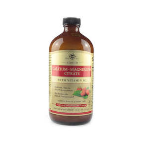 Solgar Liquid Calcium Magnesium Citrate with Vitamin D3 Strawberry amber bottle with gold and pink label liquid supplement
