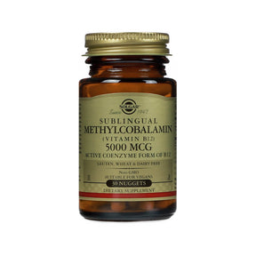 Solgar Methylcobalamin Vitamin B-12 5000 mcg amber glass bottle, gold label and cap, 30 nuggets supplement