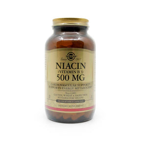 Solgar Niacin (Vitamin B3) 500 mg 250 vegetable capsules in brown glass bottle with gold cap and beige label