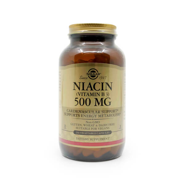 Solgar Niacin (Vitamin B3) 500 mg 250 vegetable capsules in brown glass bottle with gold cap and beige label