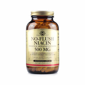 Solgar No Flush Niacin 500 mg 250 capsules amber bottle with gold cap and beige label displaying capsules