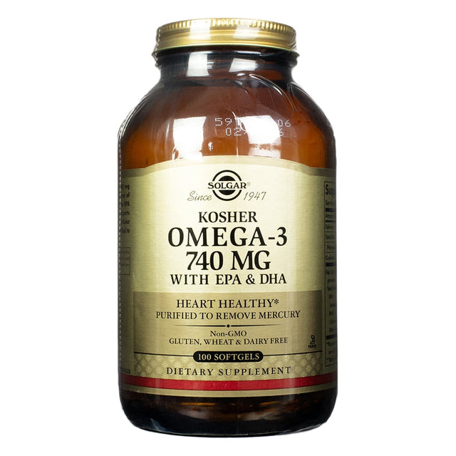 Front of Solgar Kosher Omega-3 740 mg Softgels with EPA & DHA, 100 softgels. A heart-healthy dietary supplement, free from gluten, wheat, and dairy, purified to remove mercury.