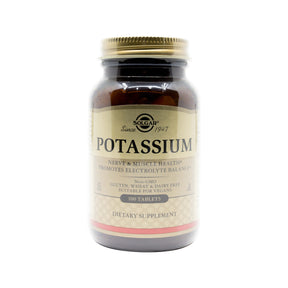 Solgar Potassium tablets, brown glass bottle with gold cap and beige label, 100 tablets dietary supplement
