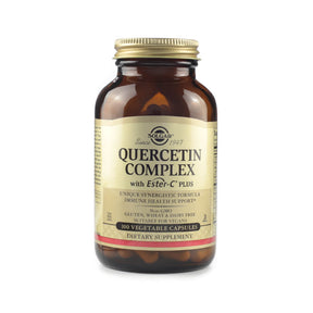 Solgar Quercetin Complex with Ester-C Plus 100 vegetable capsules in amber glass bottle with gold cap and beige label