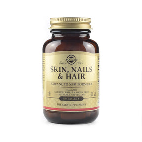 Solgar Skin, Nails & Hair 60 tablets amber glass bottle with gold cap and beige label, Advanced MSM Formula