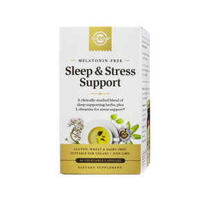 Solgar Sleep & Stress Support 60 vegetable capsules box, white and gold label, melatonin-free dietary supplement