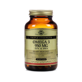 Solgar Triple Strength Omega-3 950mg 50 softgels amber glass bottle with gold label and silver cap