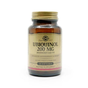 Solgar Ubiquinol Reduced CoQ-10 200mg 30 softgels amber bottle with gold cap and beige label