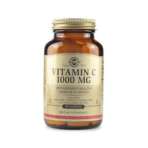 Solgar Vitamin C 1000 mg 90 tablets amber glass bottle with gold cap and beige label dietary supplement