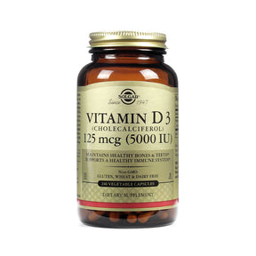 Solgar Vitamin D3 Cholecalciferol 125 mcg 5000 IU 240 vegetable capsules amber bottle with gold label