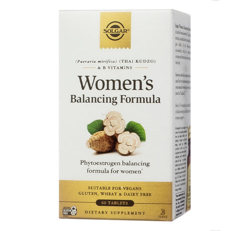 A beige and gold box labeled "Solgar Women's Balancing Formula," featuring phytoestrogen balancing support with Thai kudzu and B vitamins. Contains 60 tablets, suitable for vegans and free of gluten, wheat, and dairy.