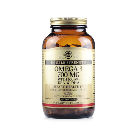 Amber glass bottle of Solgar Double Strength Omega 3, containing 700 mg with 600 mg EPA and DHA per serving. The label notes it supports heart health, is purified to remove mercury, non-GMO, gluten-, wheat-, and dairy-free, and includes 120 softgels.