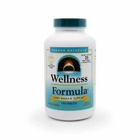 Source Naturals Wellness Formula 180 tablets in white bottle with teal cap and blue gradient label