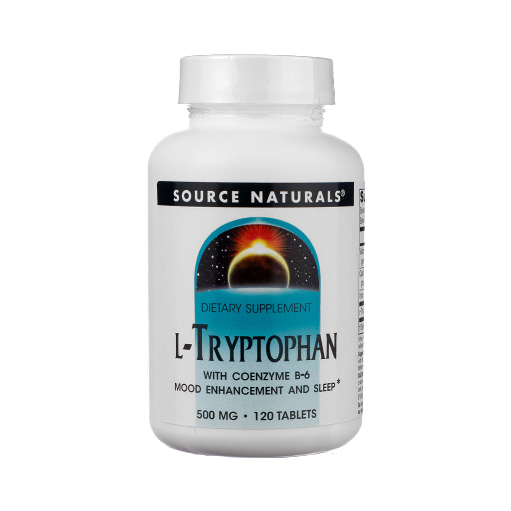 Source Naturals L-Tryptophan with Coenzyme B-6 Tablets, front label featuring calming support supplement with added B-6 in a colorful, space-themed design.