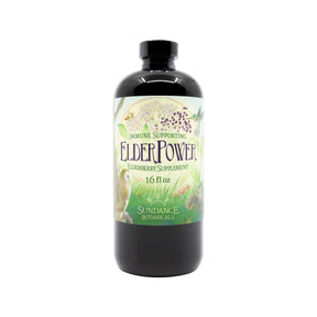A clear studio image of a 16 fl oz bottle of ElderPower Elderberry Supplement by Sundance Botanicals. The label features artwork of elderberries, leaves, and birds, with text stating “Immune Supporting ElderPower Elderberry Supplement.”