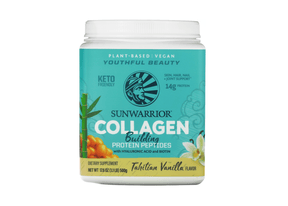 Sunwarrior Collagen Building Protein Peptides Tahitian Vanilla powder in white tub, teal label, 14g protein, 500g
