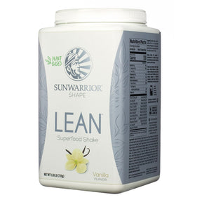 Sunwarrior Shape Lean Superfood Shake Vanilla powder tub, white container with blue label and nutrition label side, 750 g