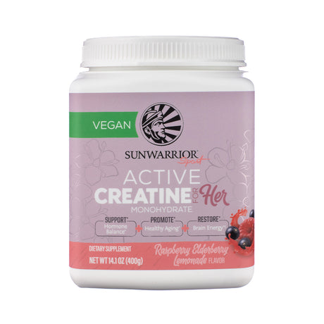 Sunwarrior Active Creatine For Her Powder, front label with feminine branding in pink tones highlighting performance and muscle support for active women.