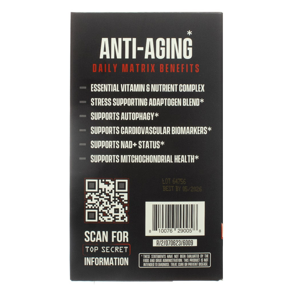 Back of the Jocko Fuel Daily Matrix Anti-Aging supplement box, 30 packets, featuring a black and red design. Highlights include essential vitamin and nutrient complex, adaptogen blend, and support for autophagy, cardiovascular biomarkers, NAD+ status, and mitochondrial health, with a QR code for additional information.