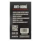 Back of the Jocko Fuel Daily Matrix Anti-Aging supplement box, 30 packets, featuring a black and red design. Highlights include essential vitamin and nutrient complex, adaptogen blend, and support for autophagy, cardiovascular biomarkers, NAD+ status, and mitochondrial health, with a QR code for additional information.