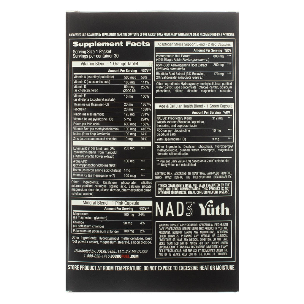 Supplement Facts panel of the Jocko Fuel Daily Matrix Anti-Aging supplement box, 30 packets, showcasing detailed ingredient lists, including vitamin blends, mineral blends, adaptogen support blends, and the Age & Cellular Health Blend with NAD3. Directions for use and storage instructions are also displayed.