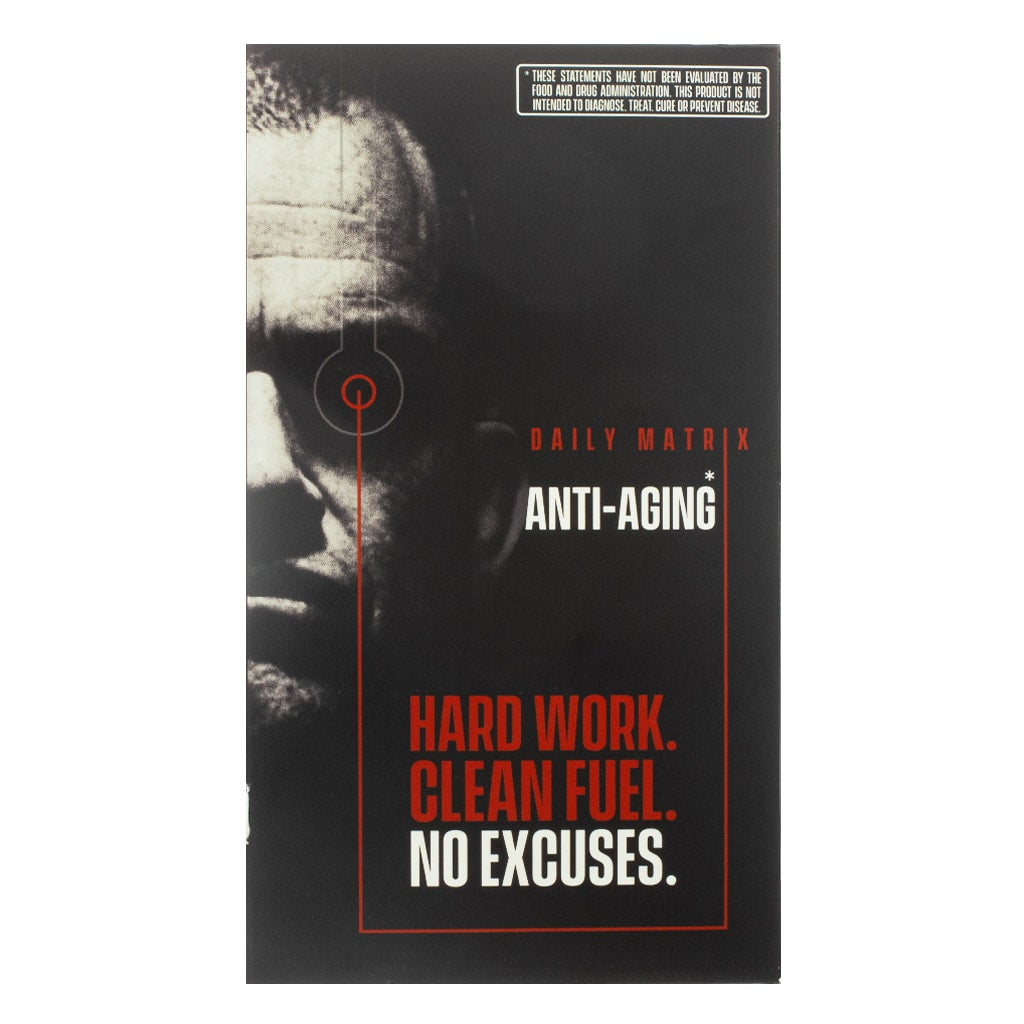 Front of the Jocko Fuel Daily Matrix Anti-Aging supplement box, 30 packets, featuring a bold black design with a close-up face graphic and red text. Highlights include "Hard Work. Clean Fuel. No Excuses." and branding for anti-aging benefits.