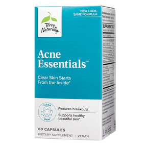 Terry Naturally Acne Essentials 60 capsules box, turquoise and white vegan dietary supplement package