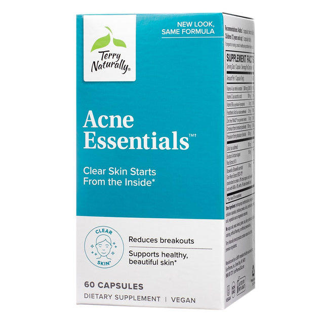 bright turquoise box of Terry Naturally Acne Essentials, featuring the tagline "Clear Skin Starts From the Inside." This vegan dietary supplement promotes healthy skin, reduces breakouts, and comes in a 60-capsule package.