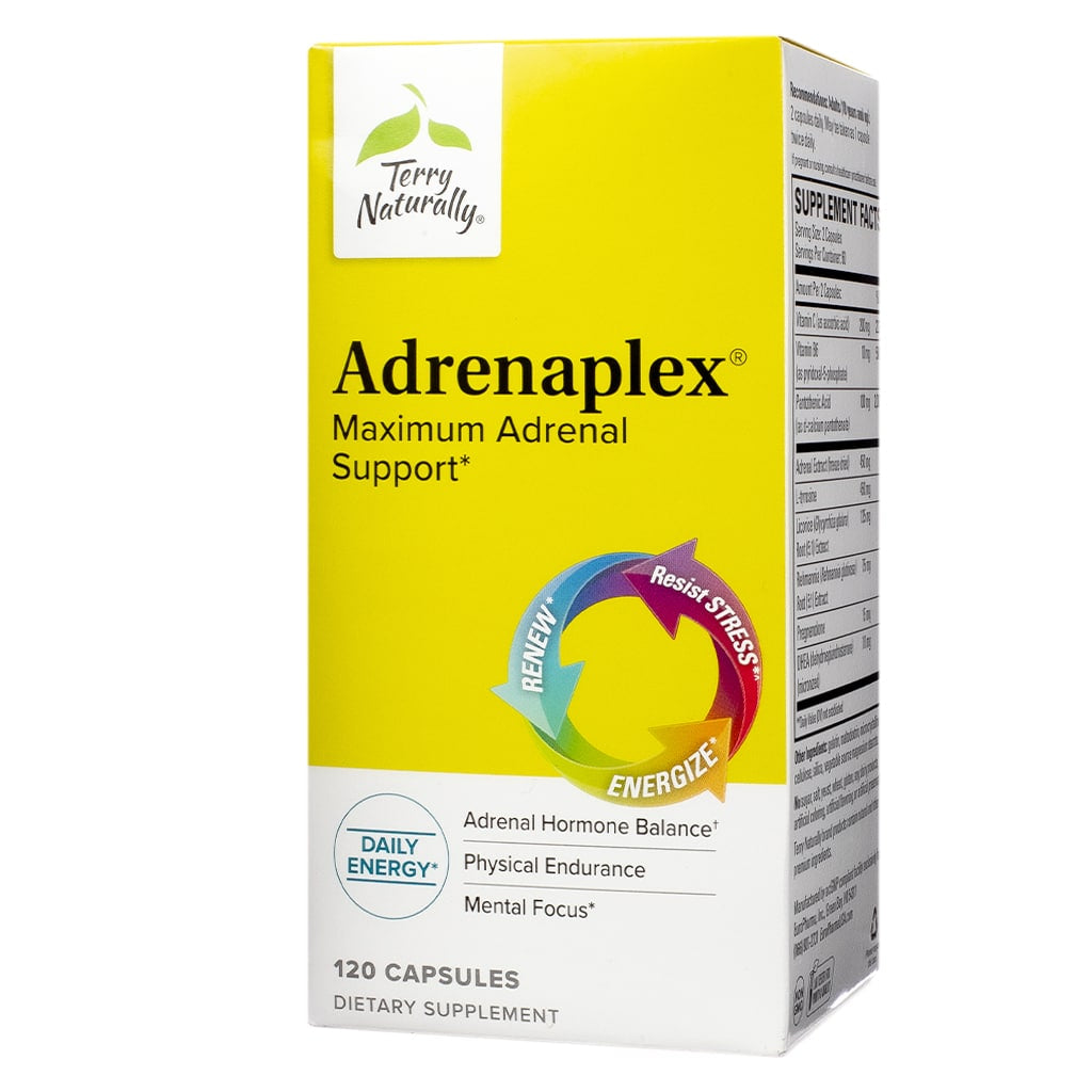 A yellow and white box labeled "Terry Naturally Adrenaplex," offering maximum adrenal support for hormone balance, physical endurance, and mental focus. Contains 120 capsules for daily energy.