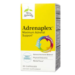 Terry Naturally Adrenaplex 60 capsules box, yellow and white packaging with side supplement facts label
