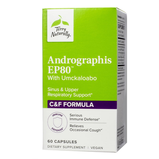 A green and white box labeled "Terry Naturally Andrographis EP80 with Umckaloabo," promoting sinus and upper respiratory support with a C&F formula for serious immune defense and occasional cough relief. Contains 60 vegan capsules.