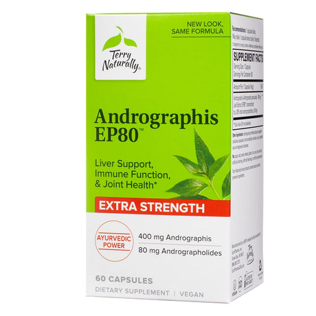 A green and white box labeled "Andrographis EP80" by Terry Naturally. The packaging highlights benefits for liver support, immune function, and joint health with 400 mg Andrographis and 80 mg Andrographolides per serving, containing 60 vegan capsules.