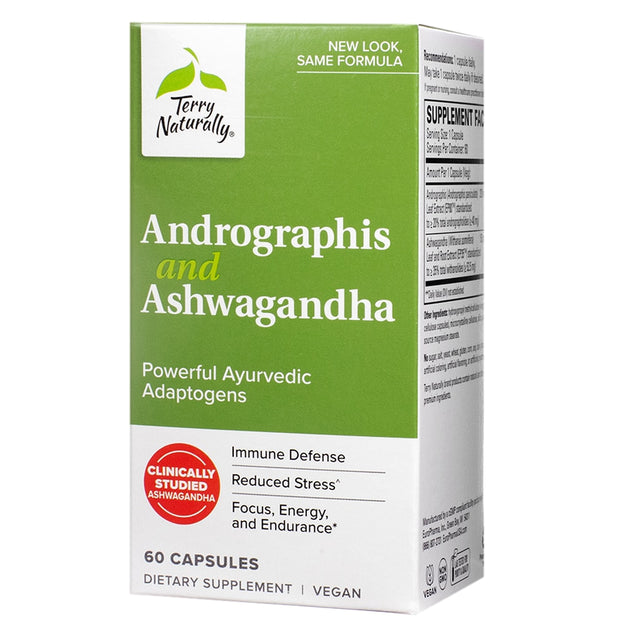 A green box of Terry Naturally Andrographis and Ashwagandha capsules, showcasing the benefits of these Ayurvedic adaptogens. The product is designed to support immune defense, reduce stress, and enhance focus and energy, packaged in a 60-capsule vegan bottle.