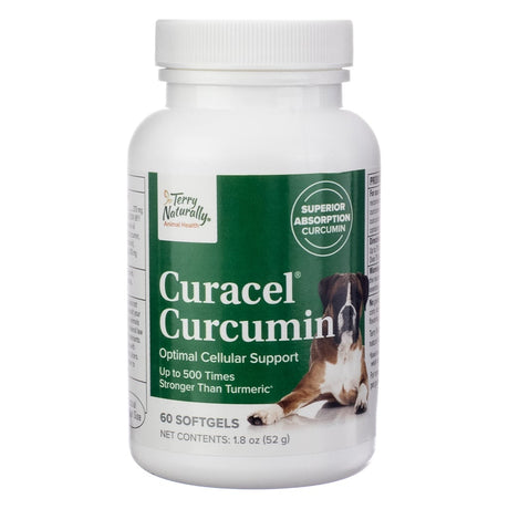 A white bottle with a green label, labeled "Terry Naturally Animal Health Curacel Curcumin," offering superior absorption curcumin for optimal cellular support. Contains 60 softgels, advertised as up to 500 times stronger than turmeric, with a dog illustration on the label.