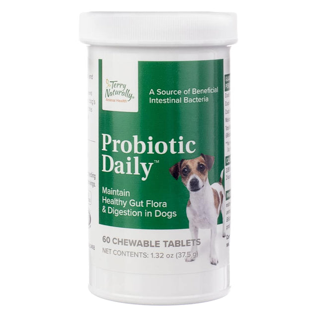 A white bottle with a green label, labeled "Terry Naturally Animal Health Probiotic Daily," designed to maintain healthy gut flora and digestion in dogs. Contains 60 chewable tablets with a small dog illustration.