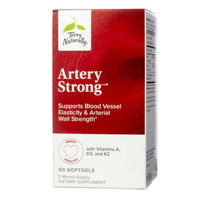Terry Naturally Artery Strong 60 softgels box, red and white supplement package with side supplement facts label