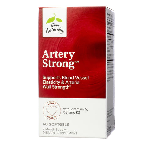 A red and white box labeled "Terry Naturally Artery Strong," featuring vitamins A, D3, and K2 for blood vessel elasticity and arterial wall strength. Contains 60 softgels for a two-month supply.