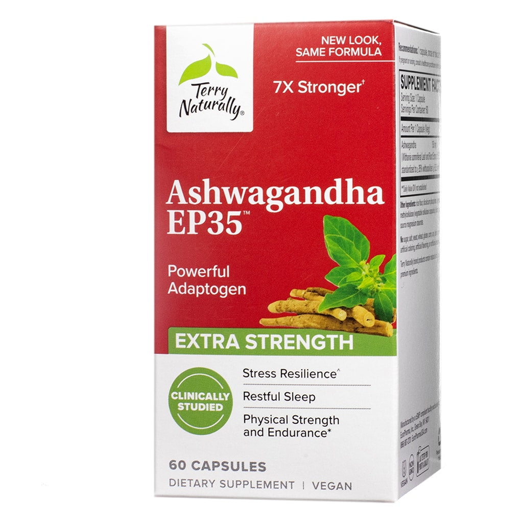 A box of Terry Naturally Ashwagandha EP35 dietary supplement featuring extra strength adaptogenic support. Promotes stress resilience, restful sleep, and physical endurance with clinically studied ingredients.