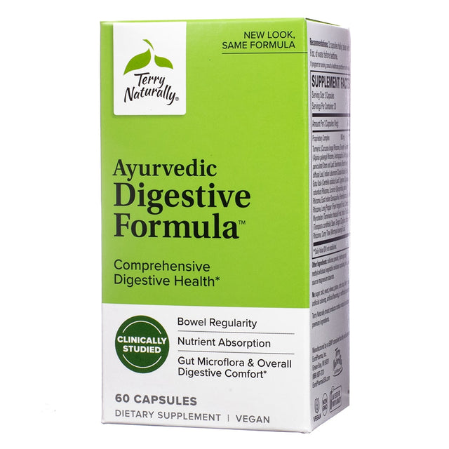 A green box of Terry Naturally Ayurvedic Digestive Formula capsules designed for comprehensive digestive health. Highlights benefits such as bowel regularity, nutrient absorption, and overall digestive comfort.