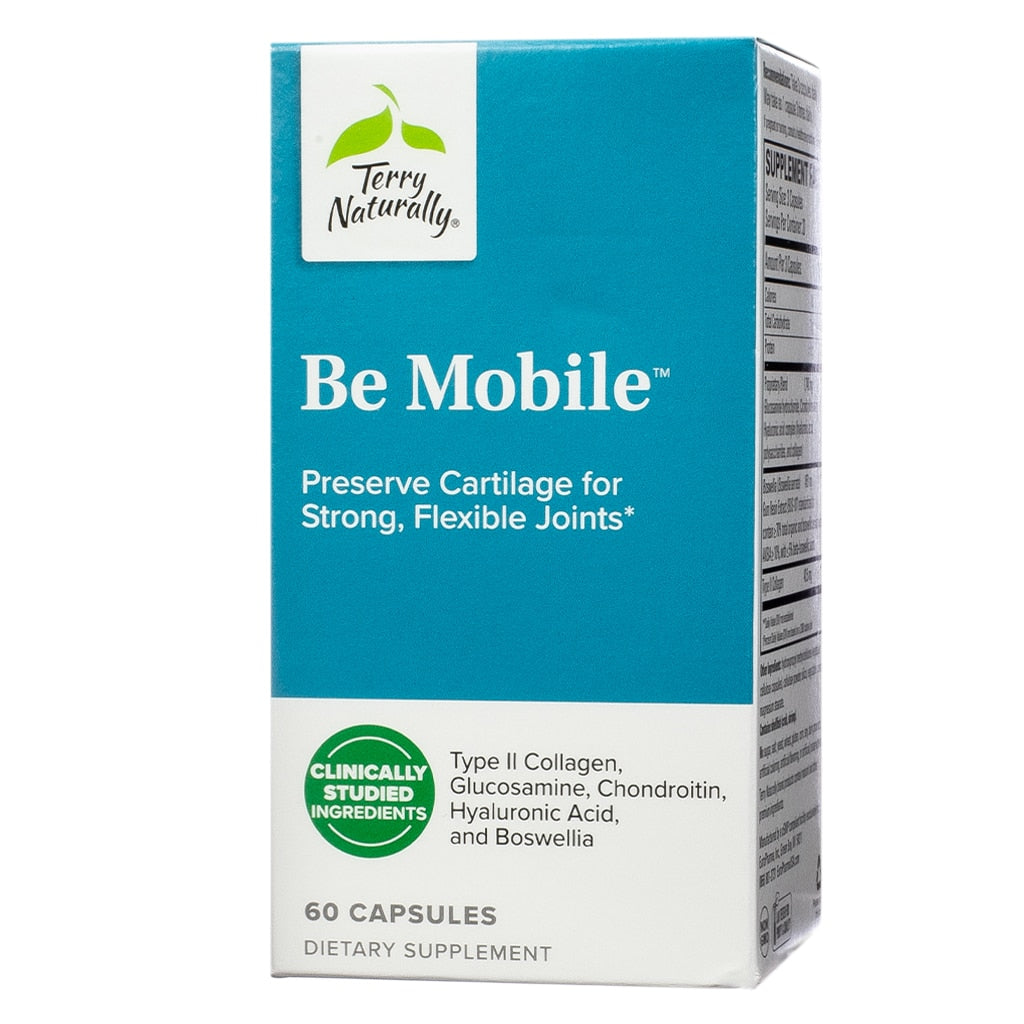 A blue and white box labeled "Terry Naturally Be Mobile," preserving cartilage for strong, flexible joints. Contains 60 vegan capsules featuring ingredients like type II collagen, glucosamine, and boswellia.