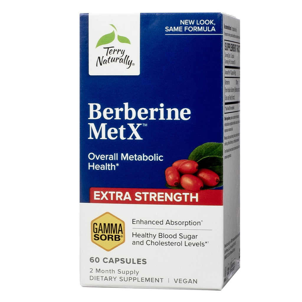 Blue and white box of Terry Naturally Berberine MetX™ Extra Strength, a metabolic health supplement with GammaSorb® for enhanced absorption, containing 60 vegan capsules.