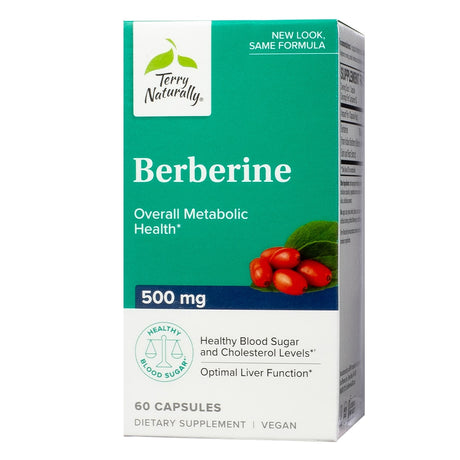 Green and white box of Terry Naturally Berberine MetX™, supporting overall metabolic health, containing 500 mg per capsule with 60 vegan capsules in total.