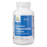 A white bottle with a blue label, labeled "Terry Naturally BioActive Magnesium Complex with P-5-P and Zinc." Contains 60 vegan capsules designed for superior absorption to support muscle, bone, and nerve health.