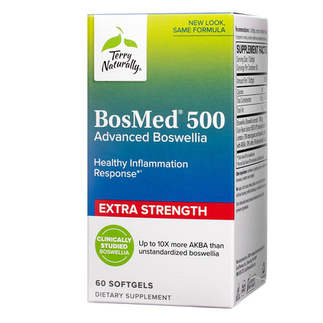 A green and blue packaging labeled "BosMed® 500 Advanced Boswellia" with "Extra Strength" prominently highlighted in red. The text notes "Healthy Inflammation Response" and mentions it contains up to 10 times more AKBA than unstandardized boswellia.