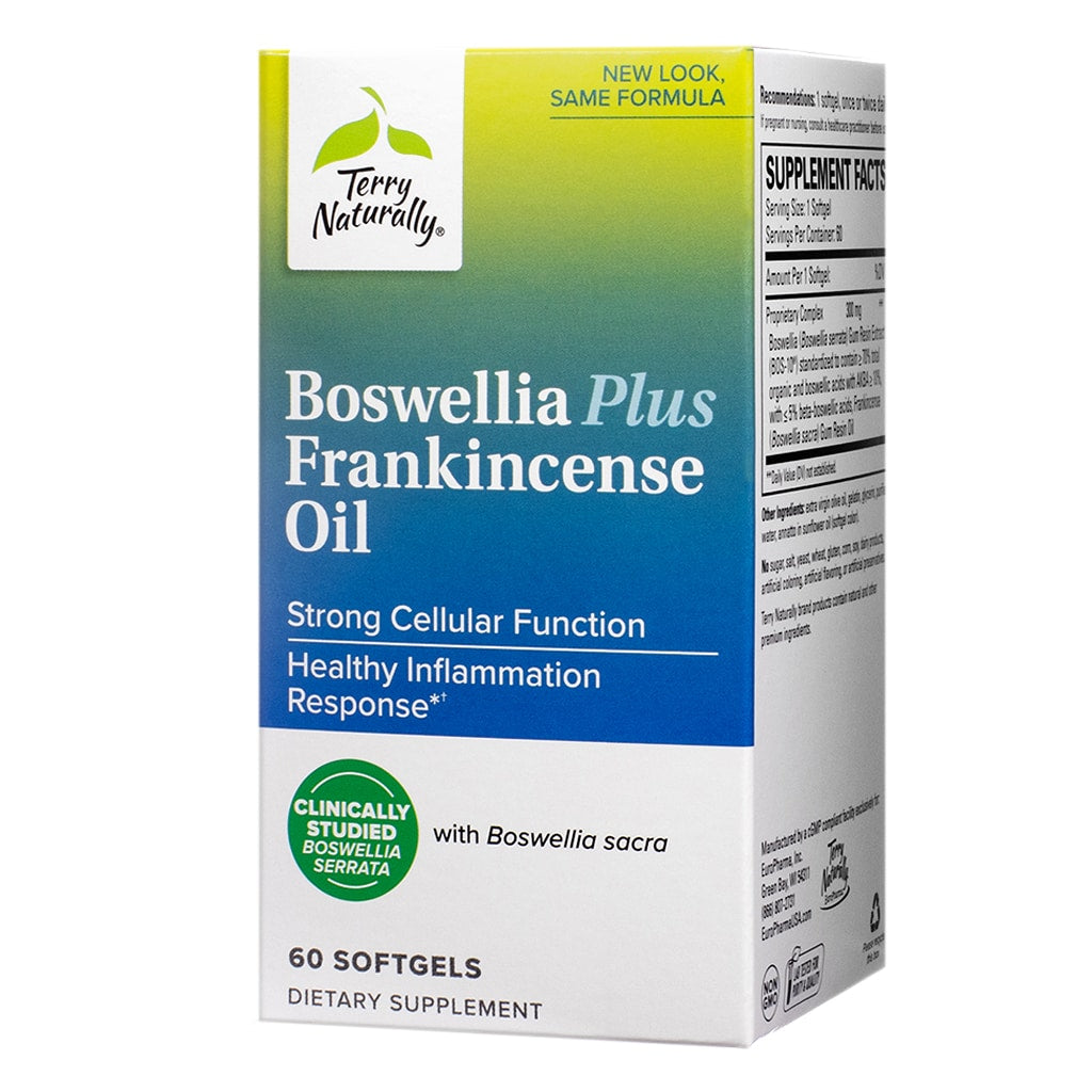 A box of Terry Naturally Boswellia Plus Frankincense Oil softgels for strong cellular function and healthy inflammation response. Features clinically studied Boswellia serrata and Frankincense oil for enhanced support.