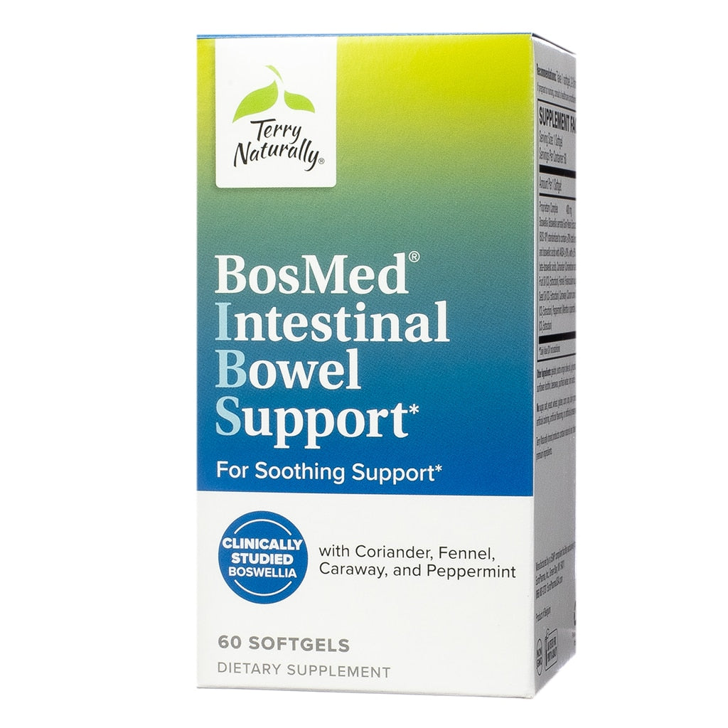 A green and blue box labeled "Terry Naturally BosMed Intestinal Bowel Support." The product offers soothing support for the digestive system with coriander, fennel, caraway, and peppermint, packaged in 60 softgels.